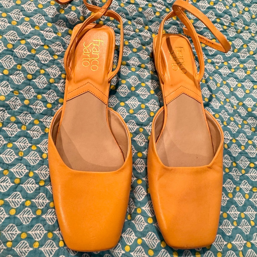 Franco Sarto Jolee, leather, ankle strap flats, square toe; Cantaloupe; 8M.